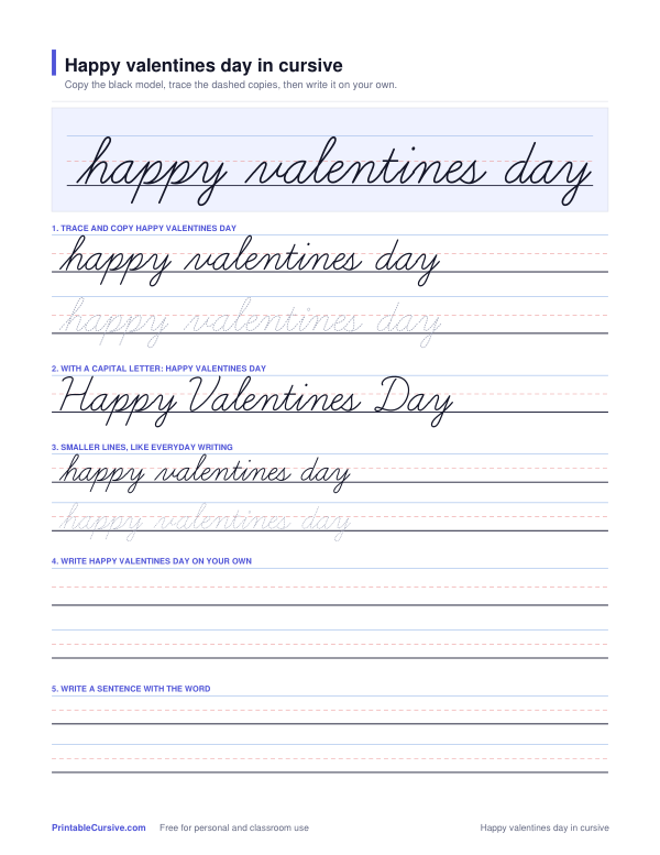 Preview of the Happy valentines day in cursive practice sheet worksheet