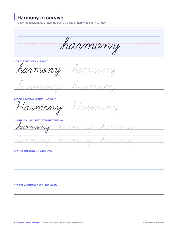 Preview of the Harmony in cursive practice sheet worksheet