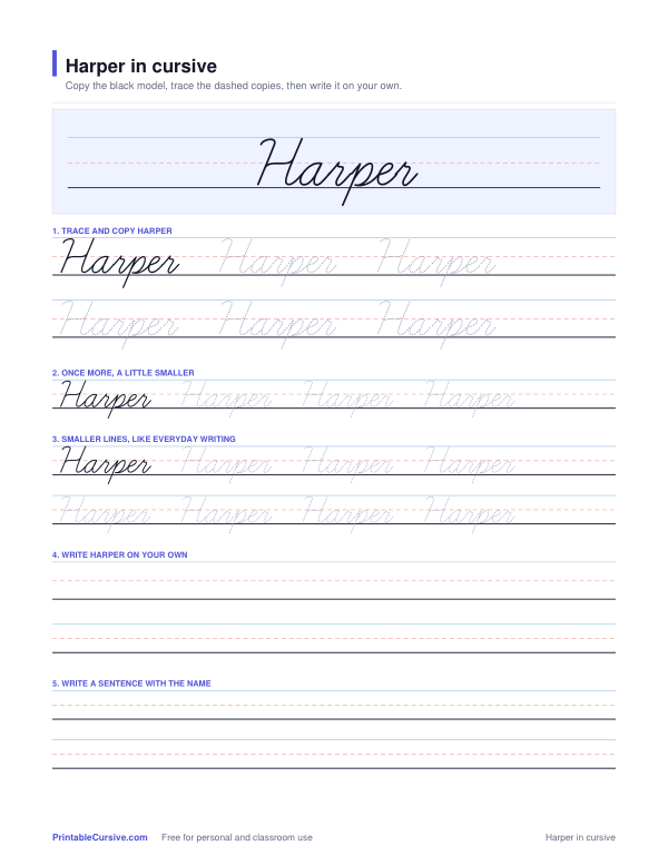 Preview of the Harper in cursive practice sheet worksheet