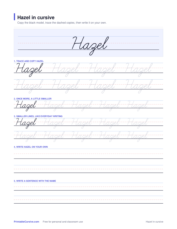 Preview of the Hazel in cursive practice sheet worksheet