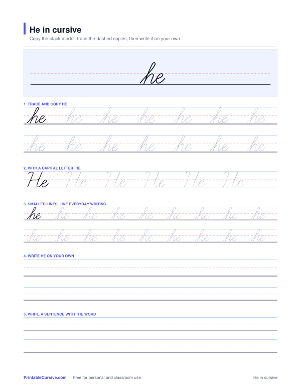 Preview of the He in cursive practice sheet worksheet