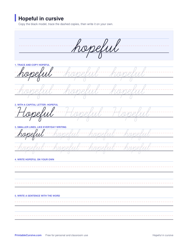 Preview of the Hopeful in cursive practice sheet worksheet