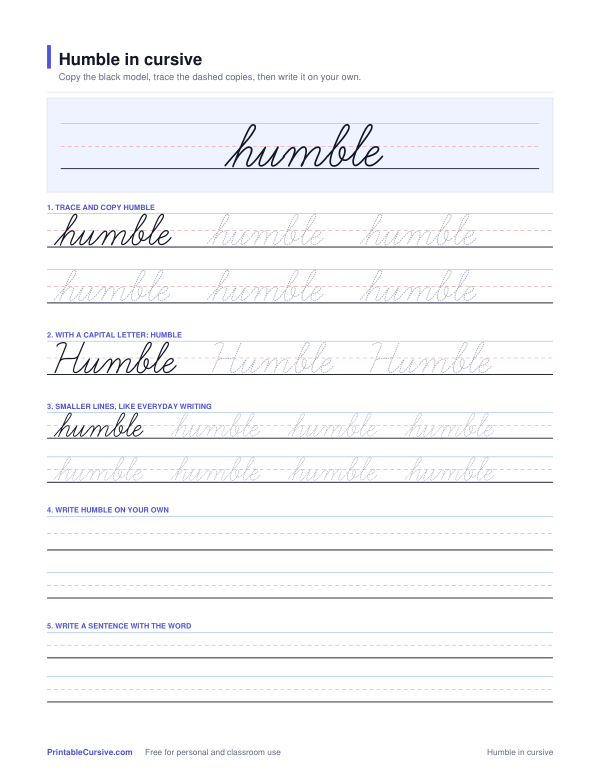 Preview of the Humble in cursive practice sheet worksheet