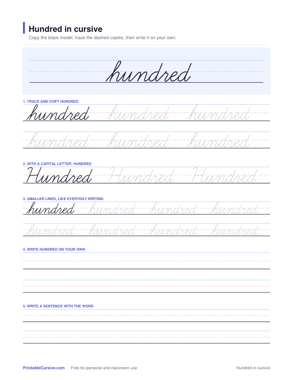 Preview of the Hundred in cursive practice sheet worksheet