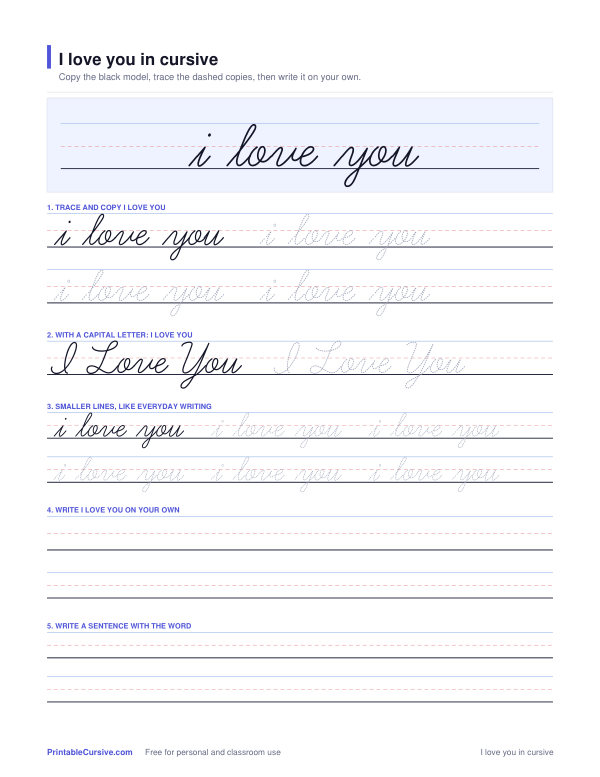 Preview of the I love you in cursive practice sheet worksheet