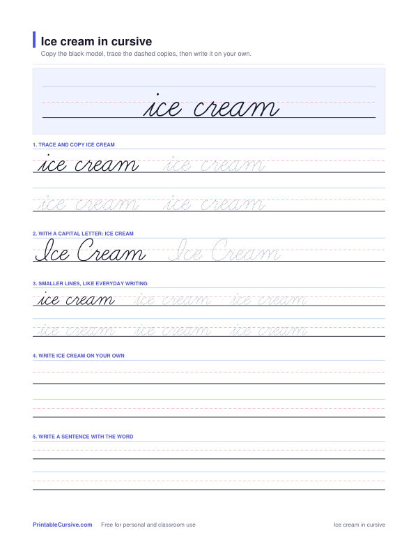 Preview of the Ice cream in cursive practice sheet worksheet