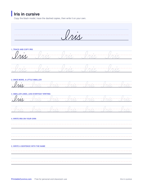 Preview of the Iris in cursive practice sheet worksheet