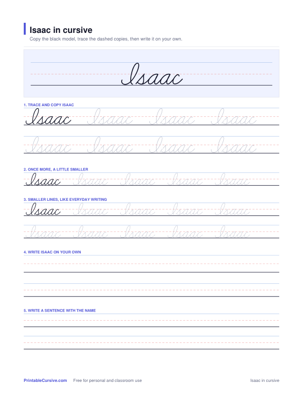 Preview of the Isaac in cursive practice sheet worksheet