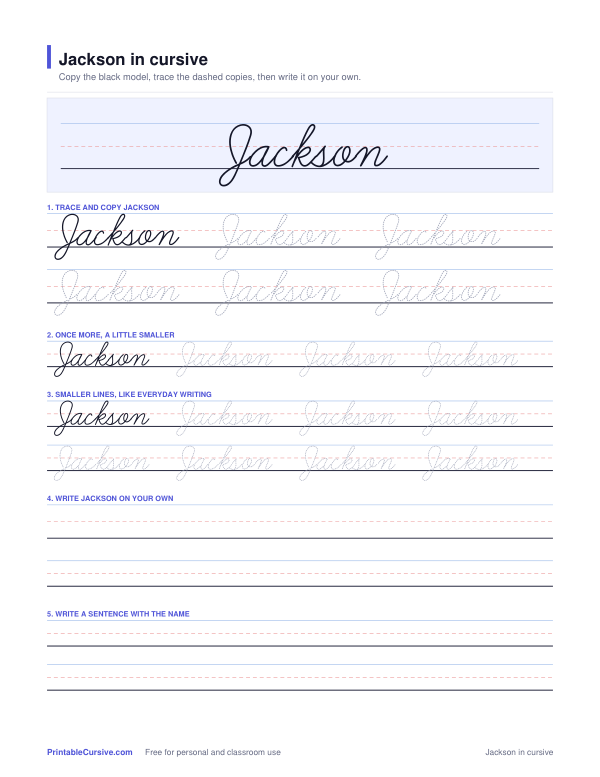 Preview of the Jackson in cursive practice sheet worksheet