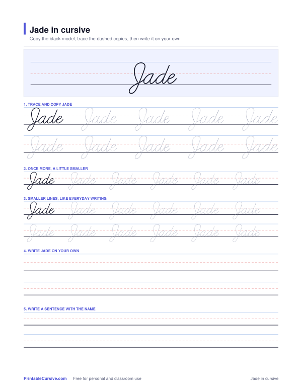 Preview of the Jade in cursive practice sheet worksheet
