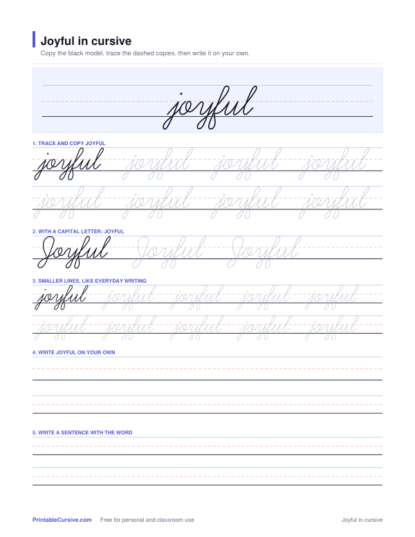 Preview of the Joyful in cursive practice sheet worksheet