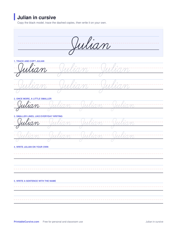 Preview of the Julian in cursive practice sheet worksheet