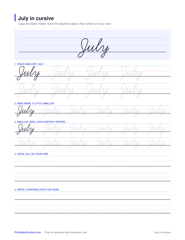 Preview of the July in cursive practice sheet worksheet
