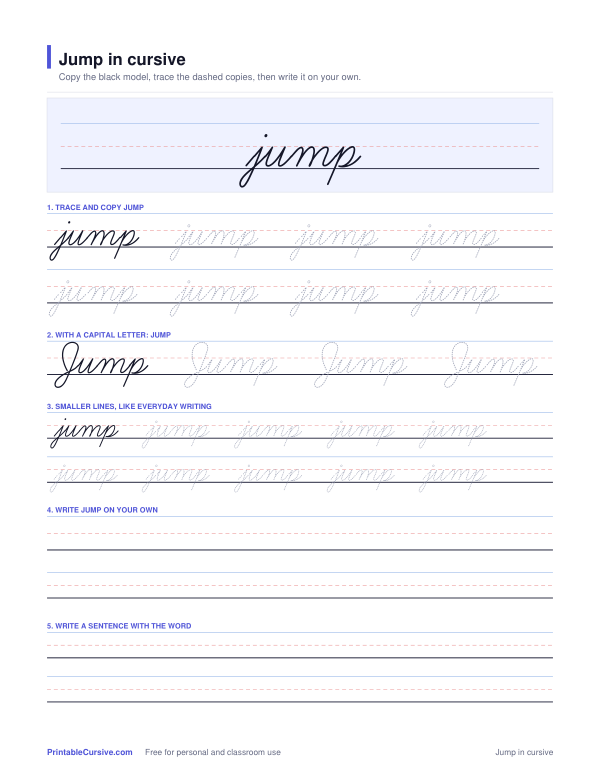 Preview of the Jump in cursive practice sheet worksheet
