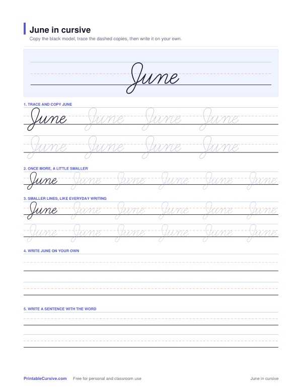 Preview of the June in cursive practice sheet worksheet