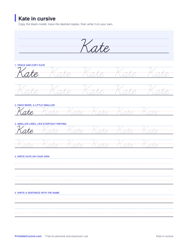 Preview of the Kate in cursive practice sheet worksheet