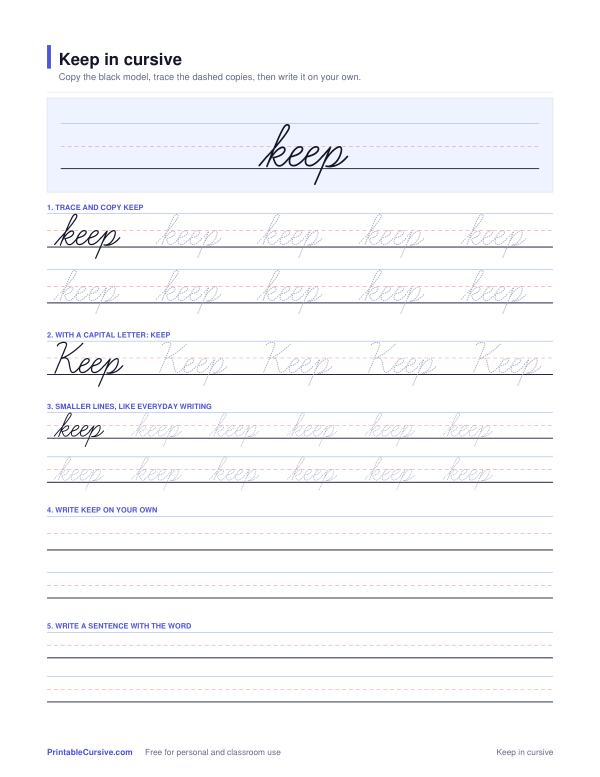 Preview of the Keep in cursive practice sheet worksheet