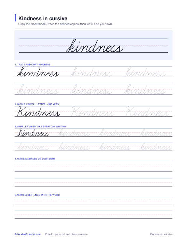 Preview of the Kindness in cursive practice sheet worksheet