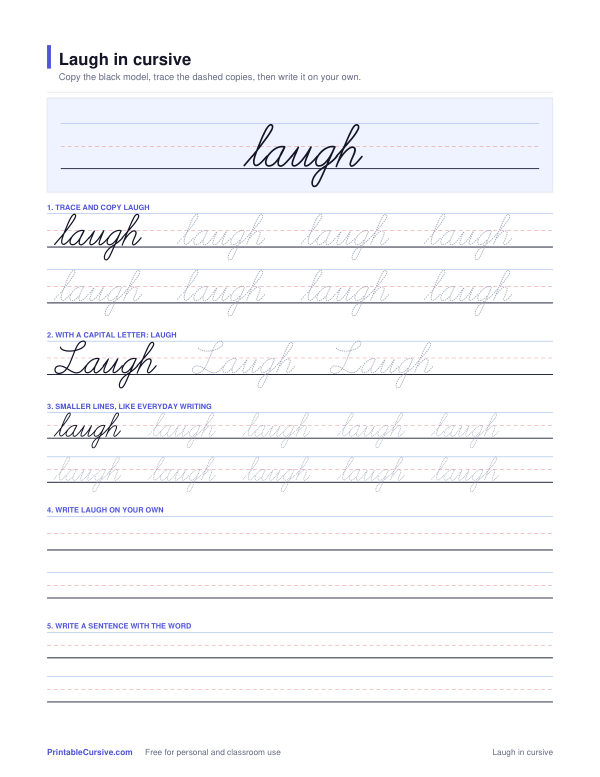 Preview of the Laugh in cursive practice sheet worksheet
