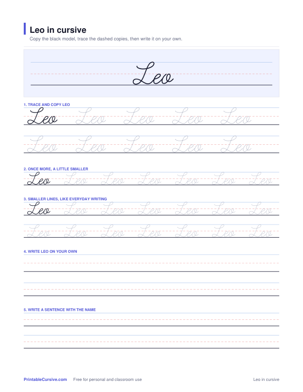 Preview of the Leo in cursive practice sheet worksheet