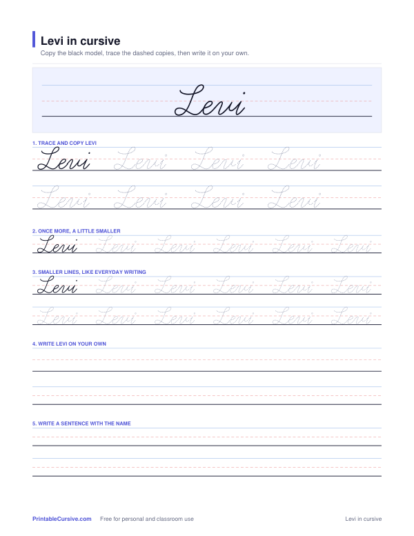 Preview of the Levi in cursive practice sheet worksheet