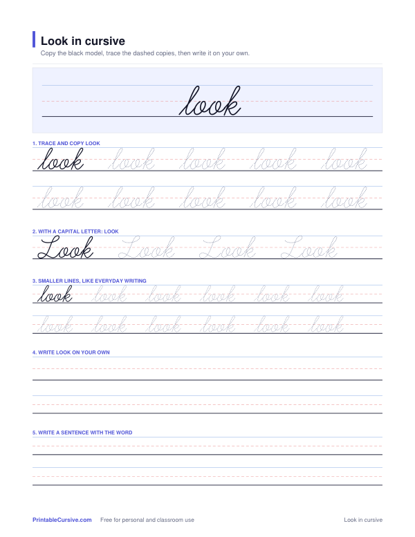 Preview of the Look in cursive practice sheet worksheet