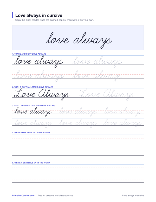 Preview of the Love always in cursive practice sheet worksheet