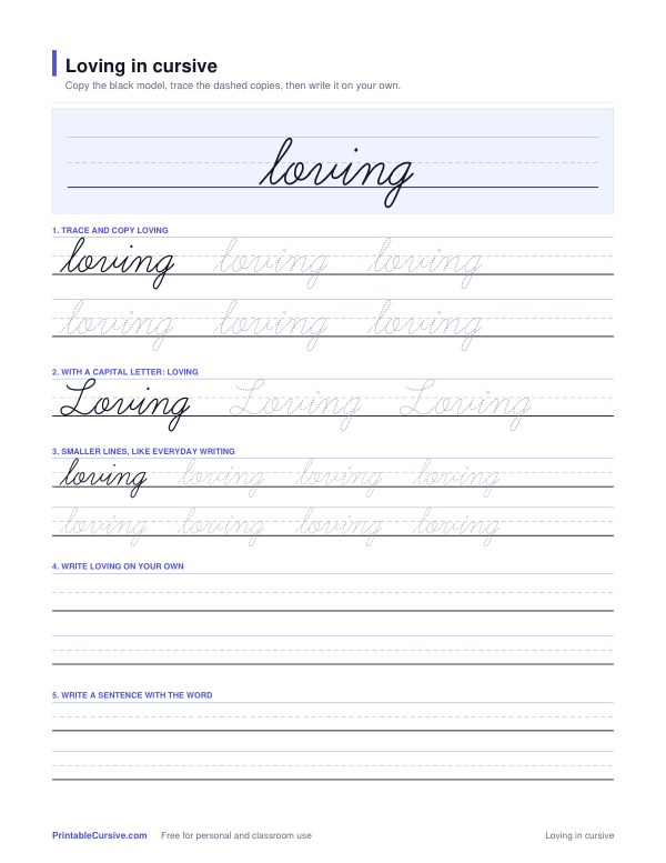 Preview of the Loving in cursive practice sheet worksheet