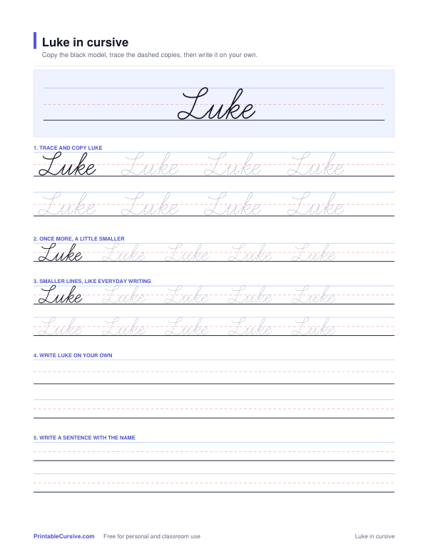 Preview of the Luke in cursive practice sheet worksheet