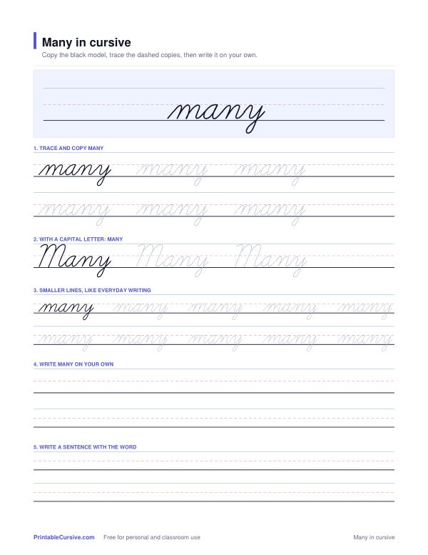 Preview of the Many in cursive practice sheet worksheet