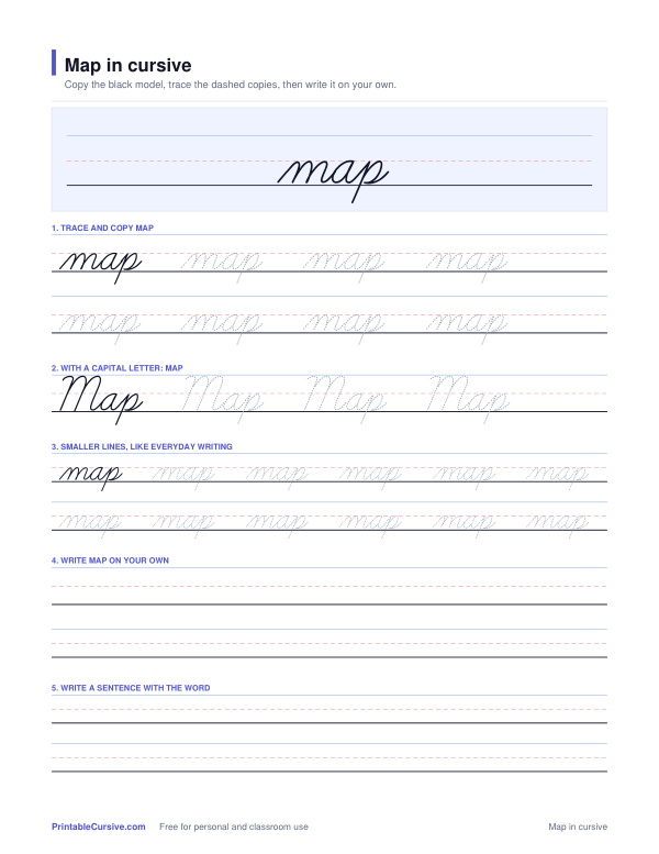 Preview of the Map in cursive practice sheet worksheet
