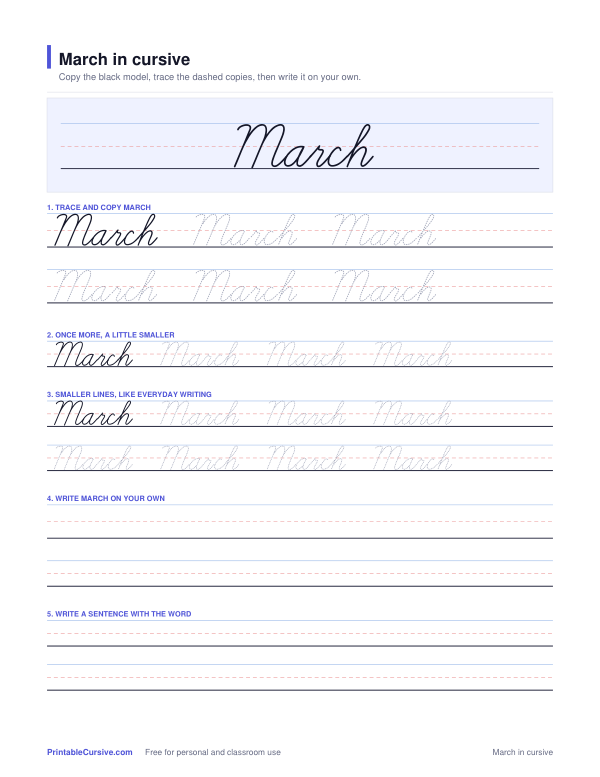 Preview of the March in cursive practice sheet worksheet