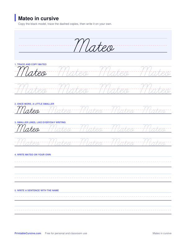 Preview of the Mateo in cursive practice sheet worksheet