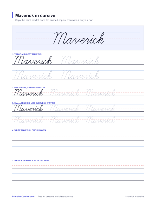 Preview of the Maverick in cursive practice sheet worksheet