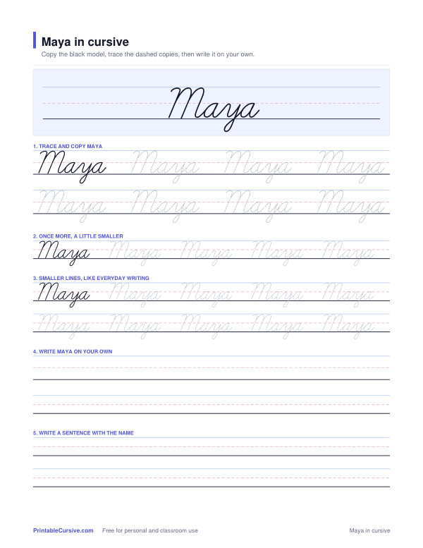 Preview of the Maya in cursive practice sheet worksheet
