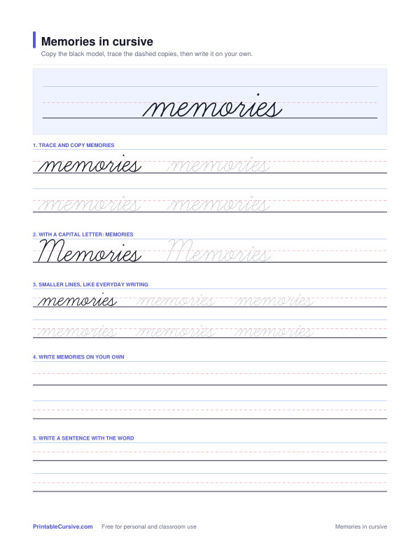 Preview of the Memories in cursive practice sheet worksheet