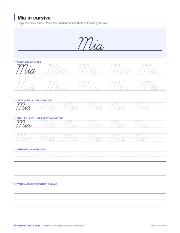 Preview of the Mia in cursive practice sheet worksheet