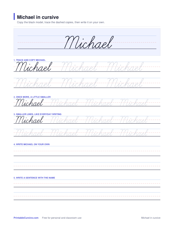 Preview of the Michael in cursive practice sheet worksheet