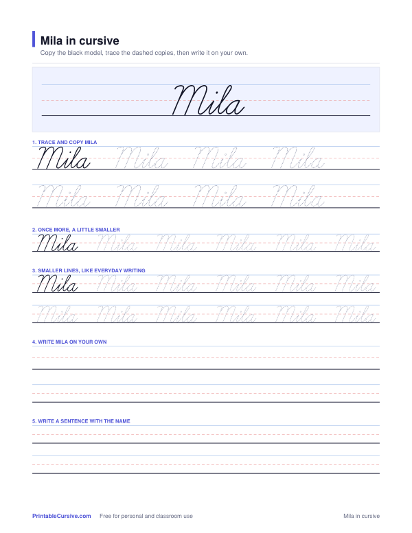 Preview of the Mila in cursive practice sheet worksheet