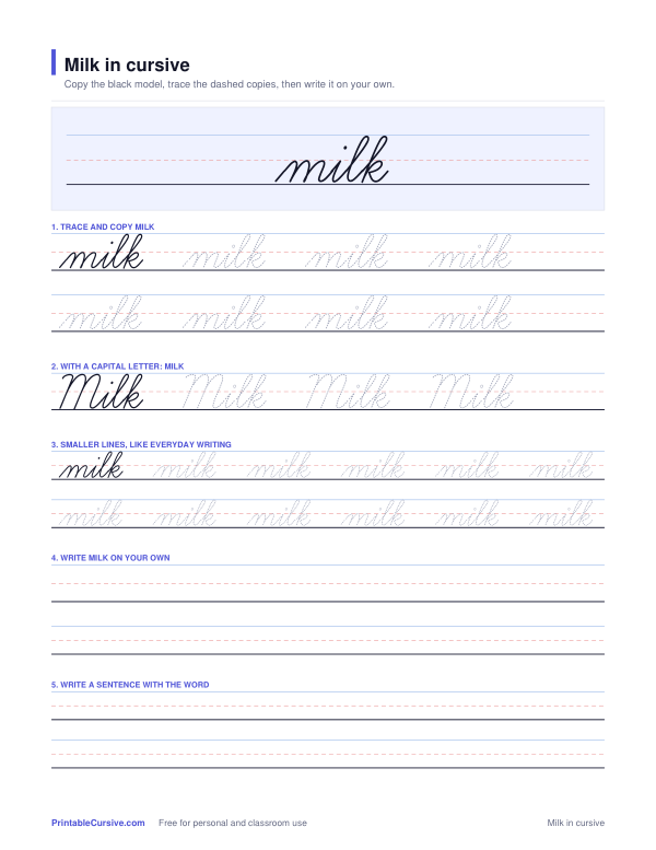Preview of the Milk in cursive practice sheet worksheet