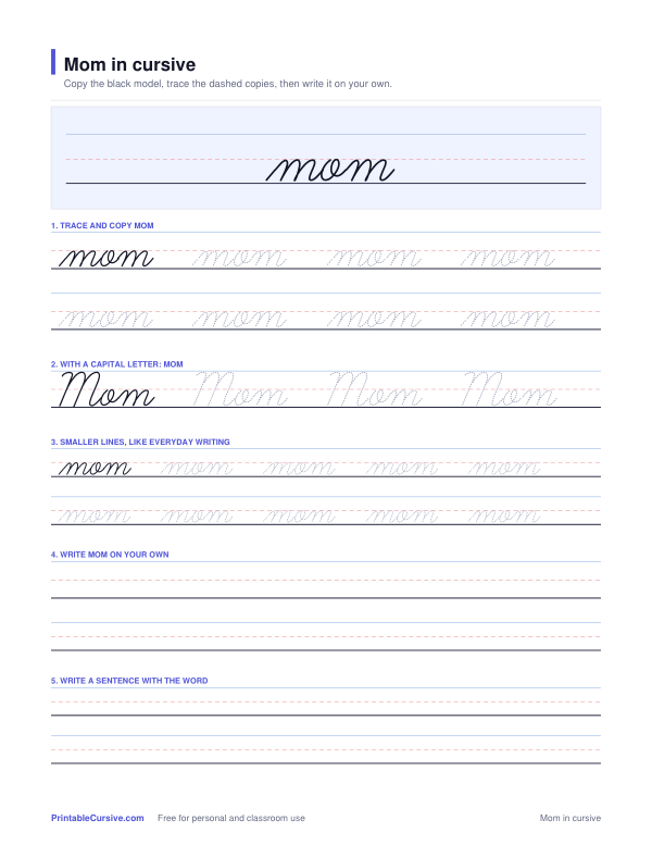 Preview of the Mom in cursive practice sheet worksheet
