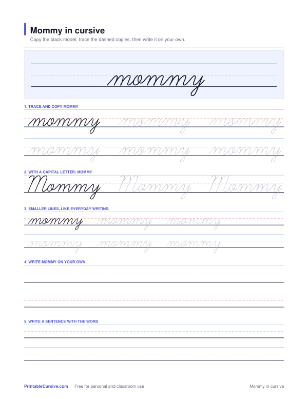 Preview of the Mommy in cursive practice sheet worksheet
