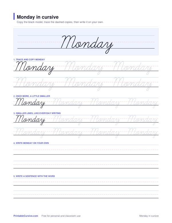 Preview of the Monday in cursive practice sheet worksheet