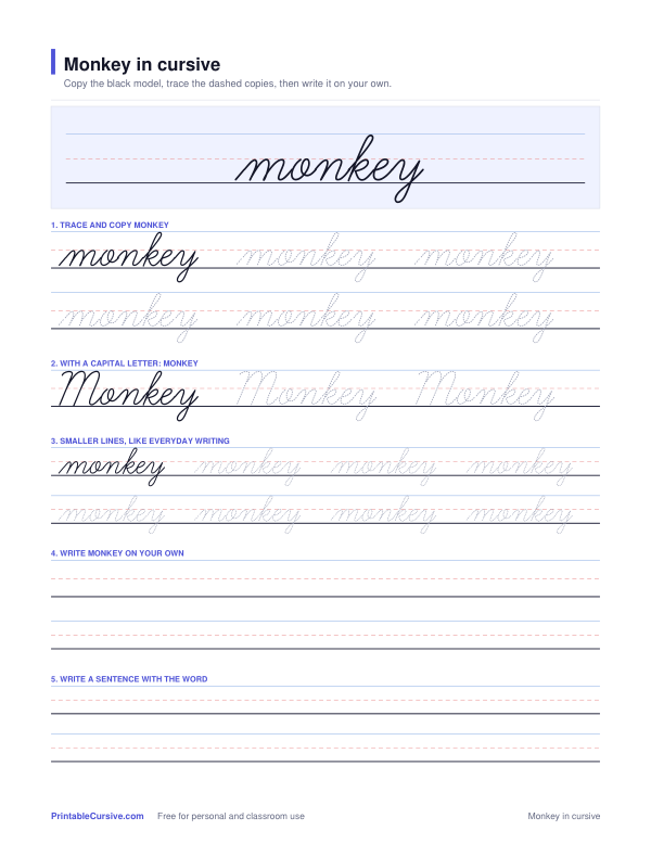 Preview of the Monkey in cursive practice sheet worksheet