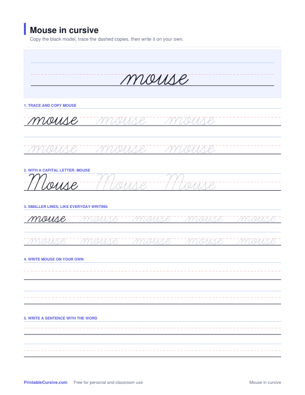 Preview of the Mouse in cursive practice sheet worksheet