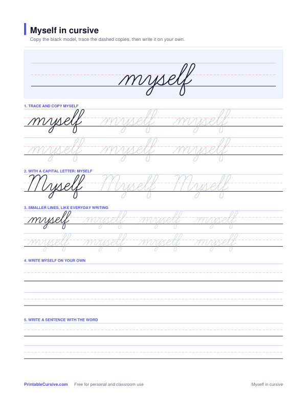 Preview of the Myself in cursive practice sheet worksheet