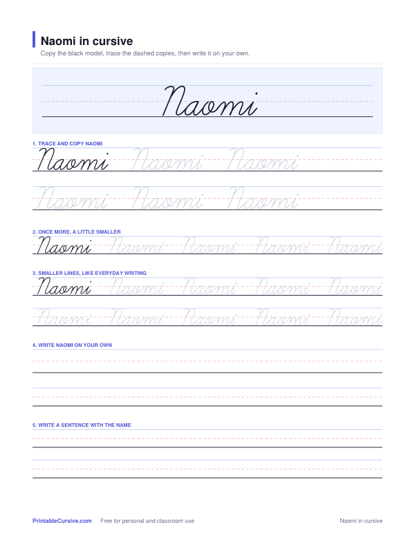 Preview of the Naomi in cursive practice sheet worksheet
