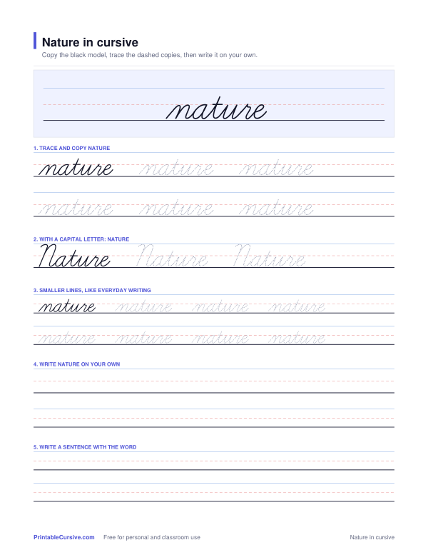 Preview of the Nature in cursive practice sheet worksheet