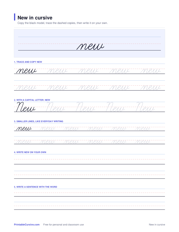 Preview of the New in cursive practice sheet worksheet
