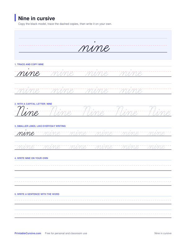 Preview of the Nine in cursive practice sheet worksheet